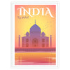 Colorful travel poster featuring iconic Indian landmarks and cultural motifs - in a white frame
