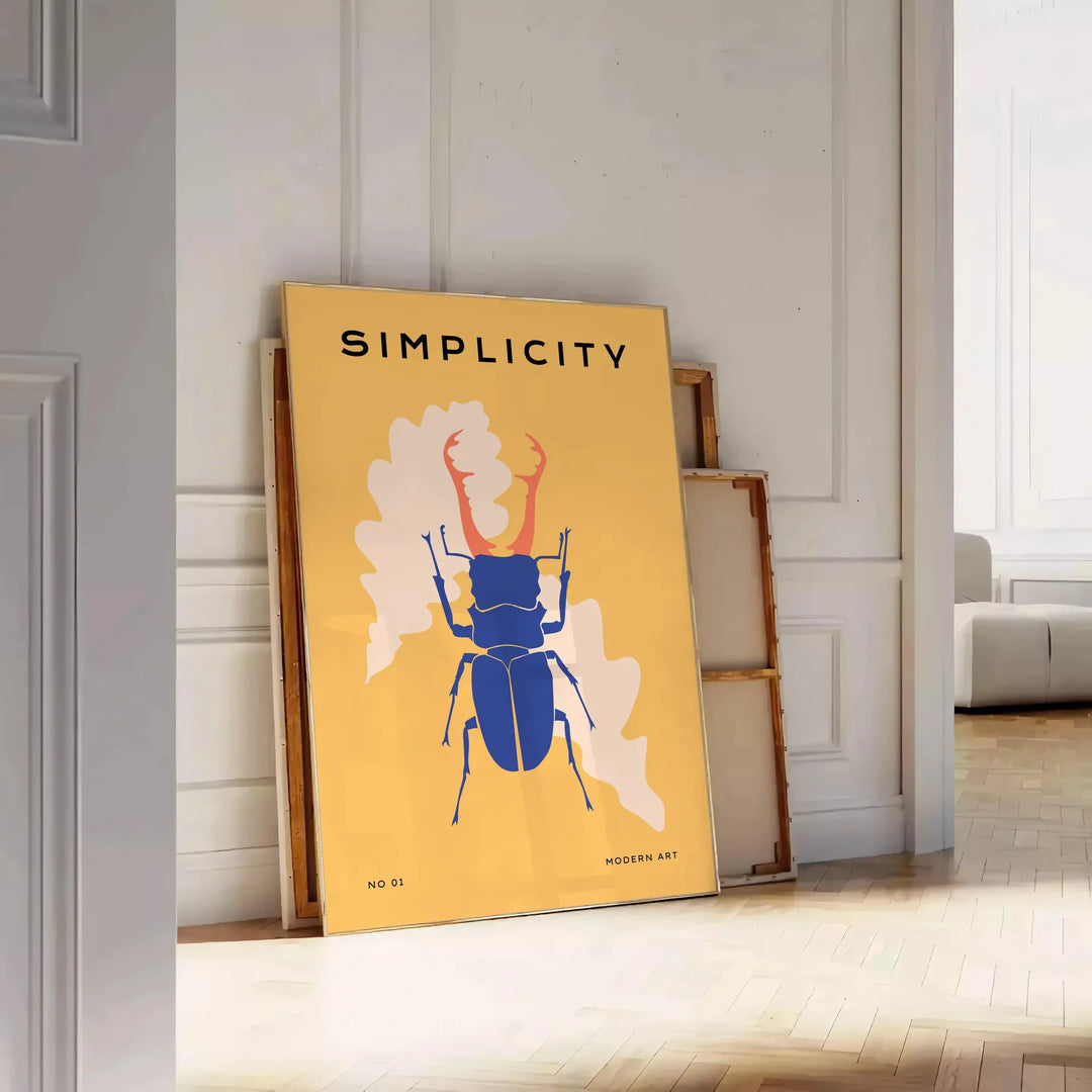 Affiche captivante faune insectes nuances vert bleu une touche nature intérieur un cadeau unique cadre disponible - posée sur un parquet à chevrons contre un mur à moulures