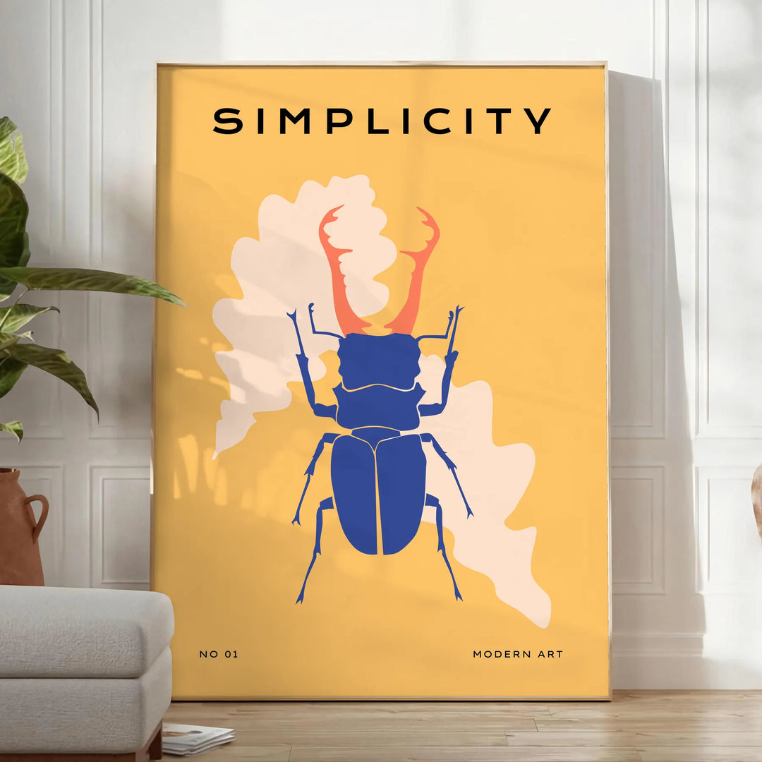 Affiche captivante faune insectes nuances vert bleu une touche nature intérieur un cadeau unique cadre disponible - dans une pièce lumineuse épurée avec plante et fauteuil