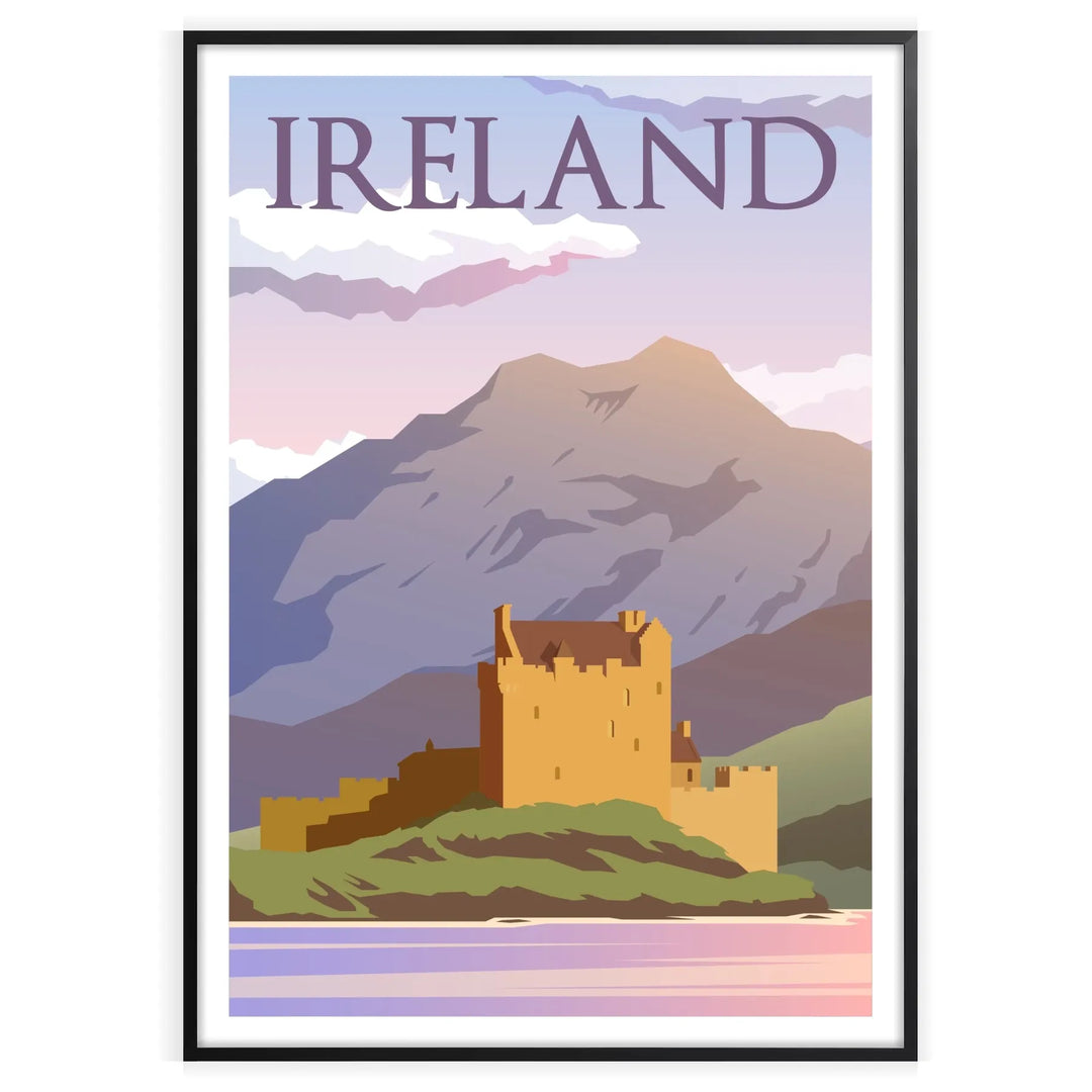 Illustration of Ireland's lush green landscape with rolling hills and a cloudy sky - in a black frame