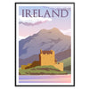 Illustration of Ireland's lush green landscape with rolling hills and a cloudy sky - in a black frame