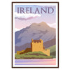 Illustration of Ireland's lush green landscape with rolling hills and a cloudy sky - in a walnut frame
