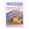 Illustration of Ireland's lush green landscape with rolling hills and a cloudy sky - in a white frame