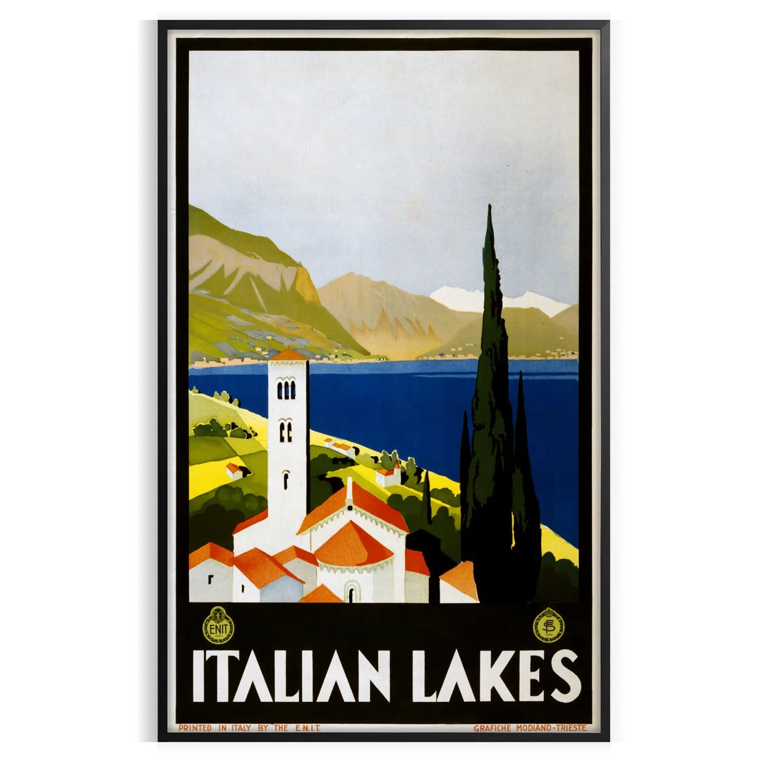 Illustration of Italian lakes with green and blue tones