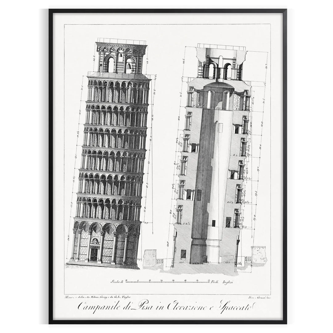 Travel poster featuring the Leaning Tower of Pisa in gray and white tones