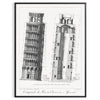 Travel poster featuring the Leaning Tower of Pisa in gray and white tones - in a black frame