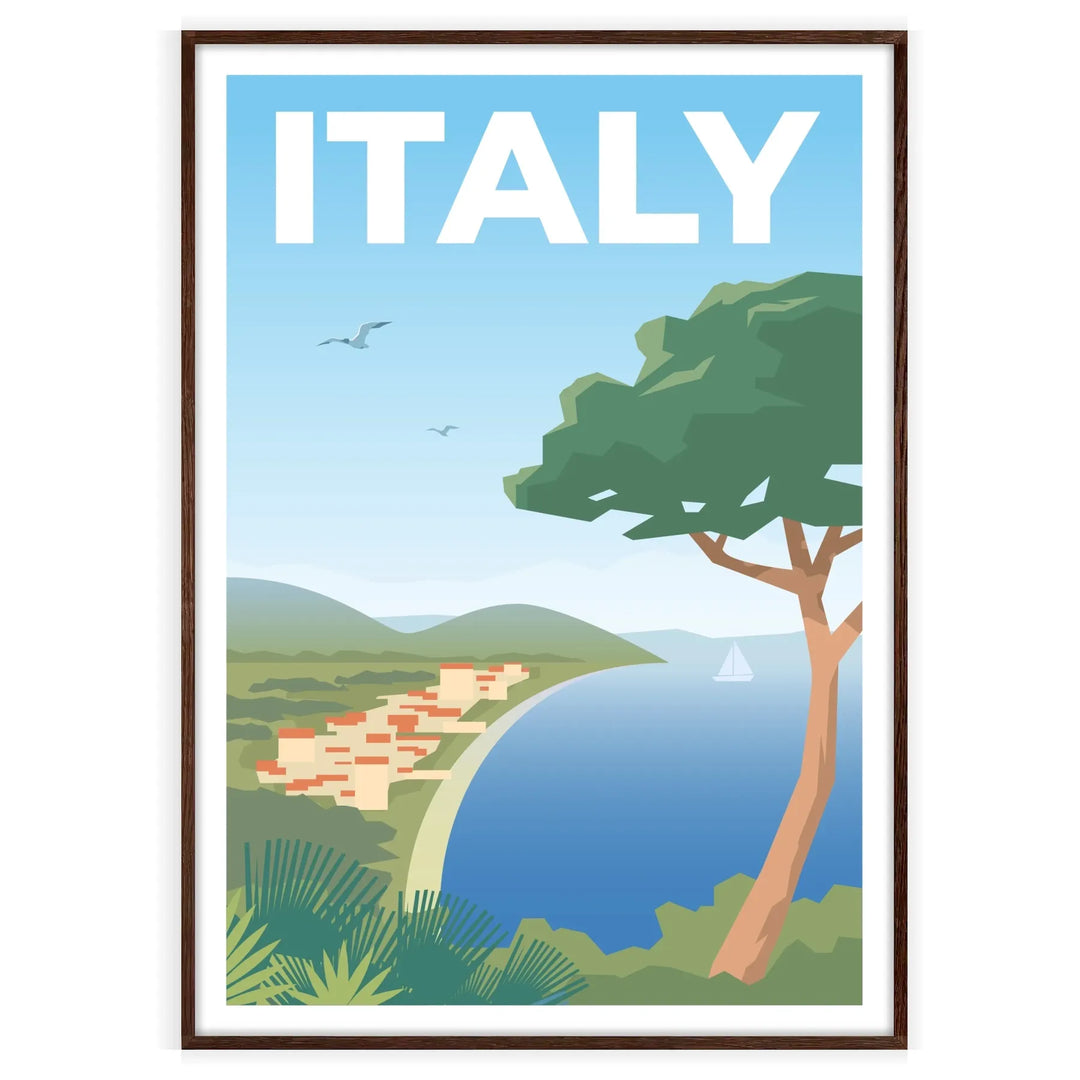 Stylized illustration of Italy with gray and blue hues - in a walnut frame