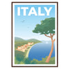 Stylized illustration of Italy with gray and blue hues - in a walnut frame