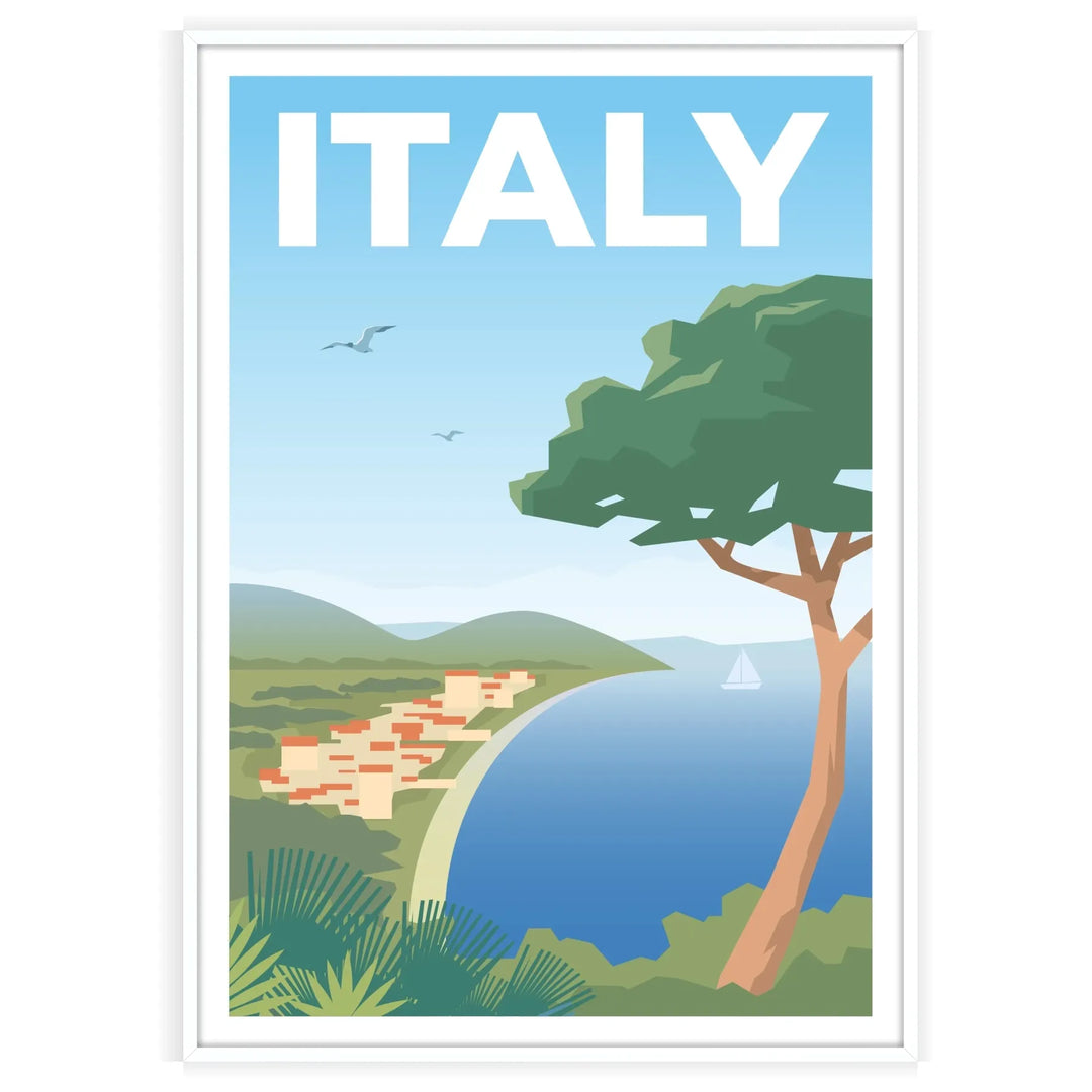 Stylized illustration of Italy with gray and blue hues - in a white frame