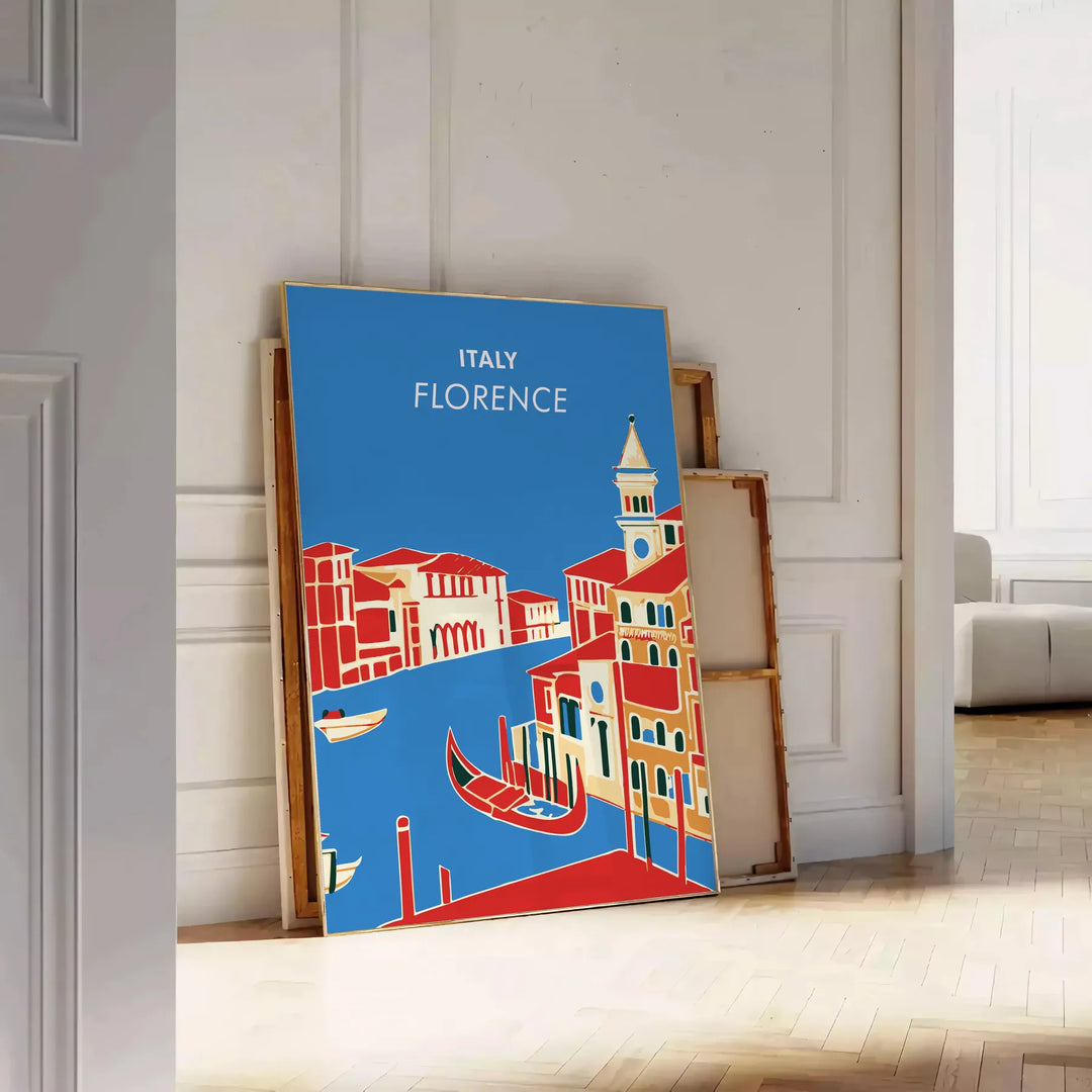 Vintage travel poster featuring Florence, Italy with lush green hills and blue skies - leaning on a herringbone floor against a white panelled wall