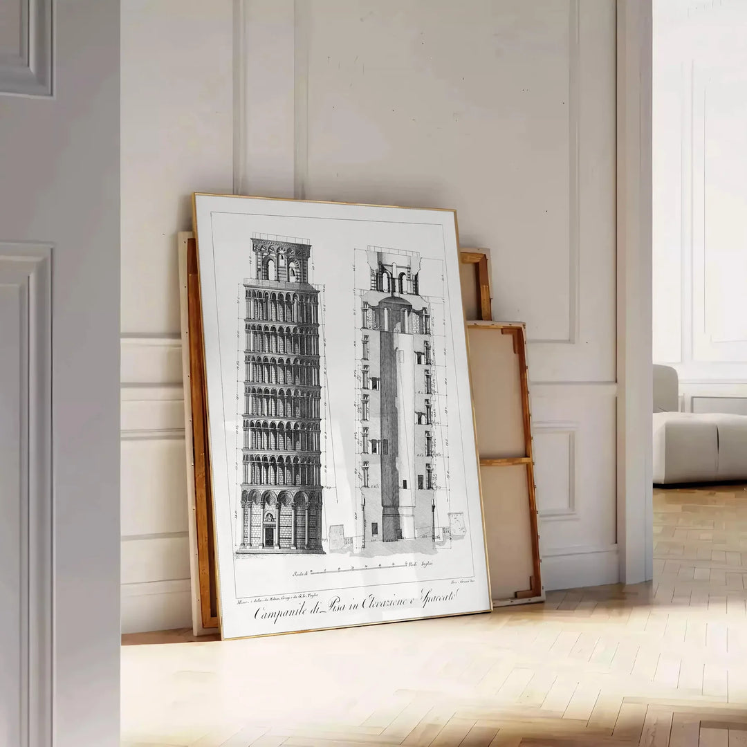Travel poster featuring the Leaning Tower of Pisa in gray and white tones - leaning on a herringbone floor against a white panelled wall