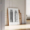 Travel poster featuring the Leaning Tower of Pisa in gray and white tones - leaning on a herringbone floor against a white panelled wall