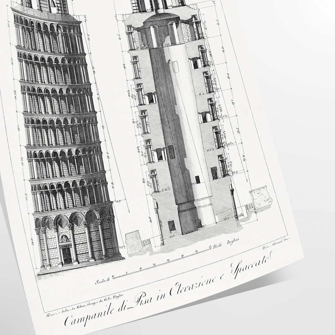 Travel poster featuring the Leaning Tower of Pisa in gray and white tones - as a rolled, unframed print