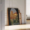 Illustration of Italy's landscapes with green hills and gray skies - leaning on a herringbone floor against a white panelled wall