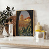 Illustration of Italy's landscapes with green hills and gray skies - styled on a counter with eucalyptus and a bowl of lemons