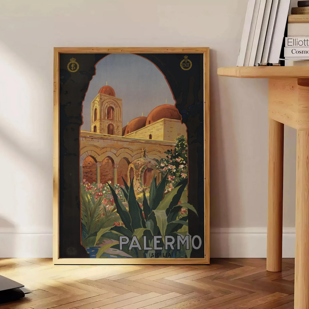 Illustration of Italy's landscapes with green hills and gray skies - beside a round wooden side table with books