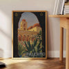 Illustration of Italy's landscapes with green hills and gray skies - beside a round wooden side table with books