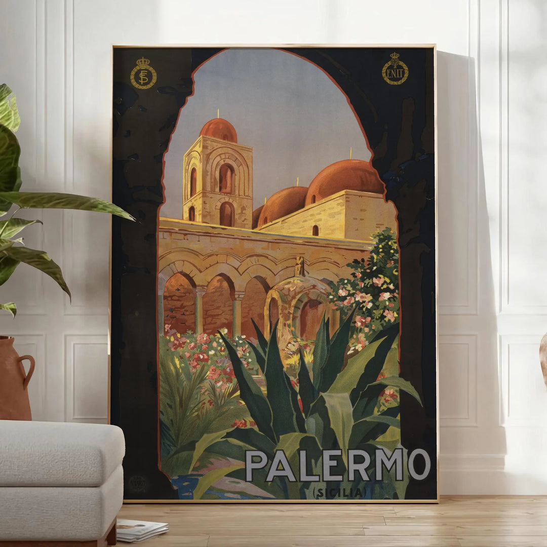 Illustration of Italy's landscapes with green hills and gray skies - in a bright minimalist room with a plant and an armchair