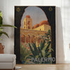 Illustration of Italy's landscapes with green hills and gray skies - in a bright minimalist room with a plant and an armchair