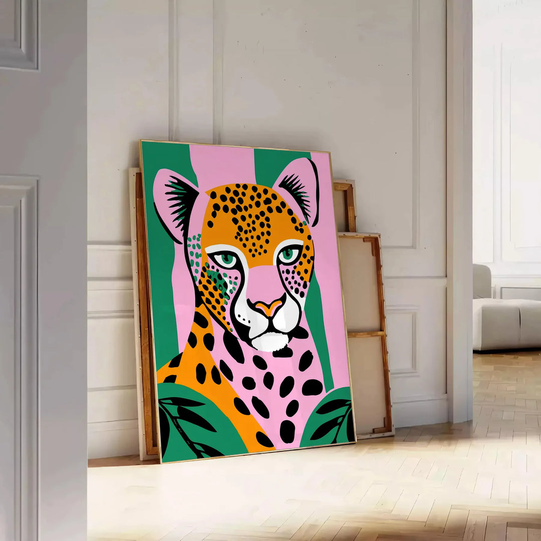 A jaguar in a lush green jungle, showcasing rich browns and greens - leaning on a herringbone floor against a white panelled wall