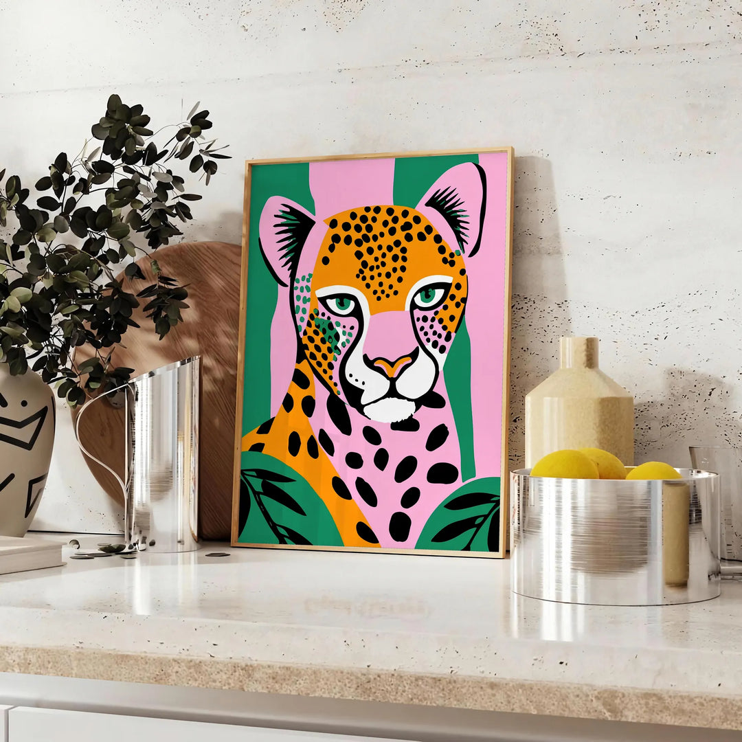 A jaguar in a lush green jungle, showcasing rich browns and greens - styled on a counter with eucalyptus and a bowl of lemons