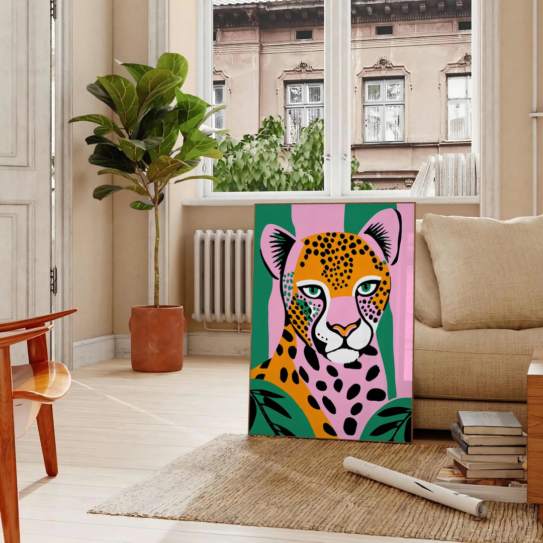 A jaguar in a lush green jungle, showcasing rich browns and greens - in a Parisian living room with a sofa and a fig plant