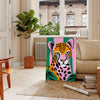A jaguar in a lush green jungle, showcasing rich browns and greens - in a Parisian living room with a sofa and a fig plant