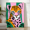 A jaguar in a lush green jungle, showcasing rich browns and greens - in a bright minimalist room with a plant and an armchair