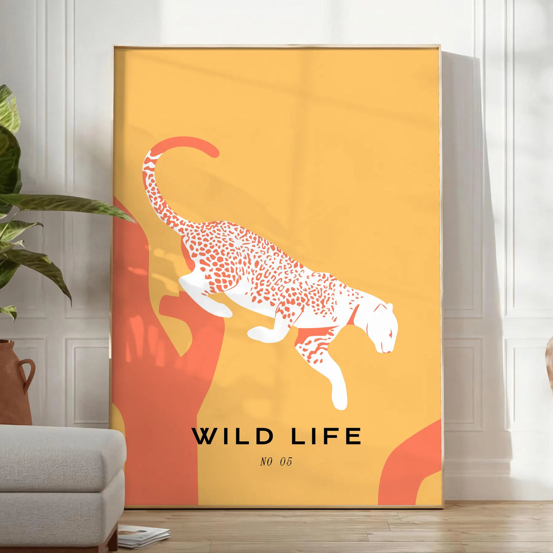 A stylized jaguar in bold black and green hues against a dark background - in a bright minimalist room with a plant and an armchair