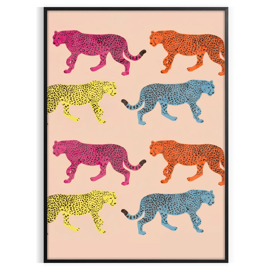 A jaguar illustrated in bold orange and gray tones against a textured background - in a black frame