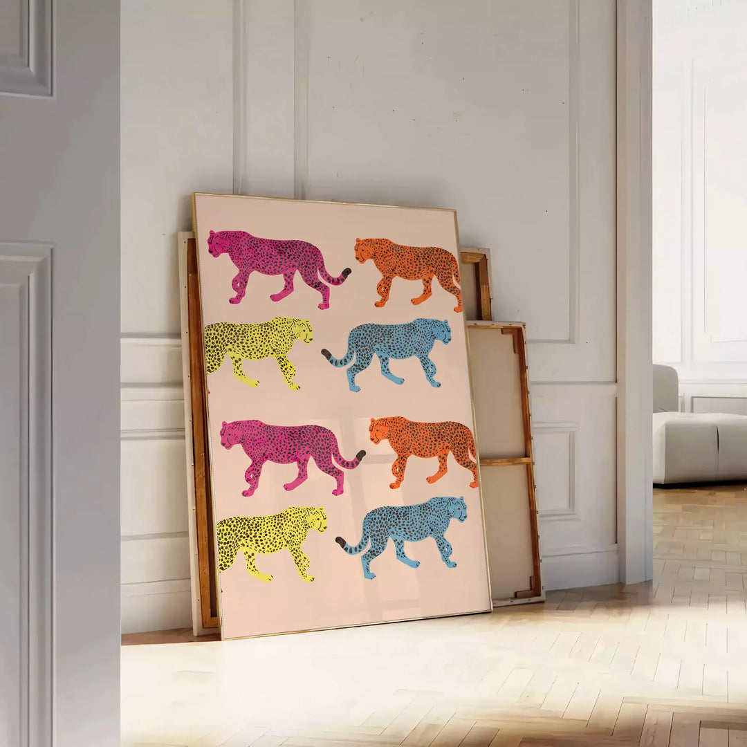 A jaguar illustrated in bold orange and gray tones against a textured background - leaning on a herringbone floor against a white panelled wall