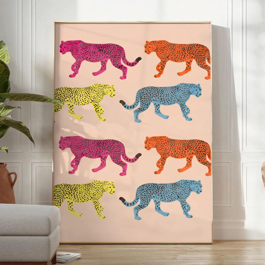 A jaguar illustrated in bold orange and gray tones against a textured background - in a bright minimalist room with a plant and an armchair