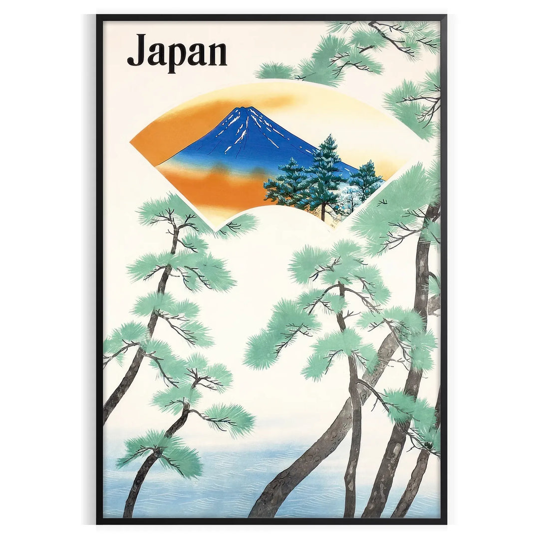 Mount Fuji surrounded by green hills under a blue sky