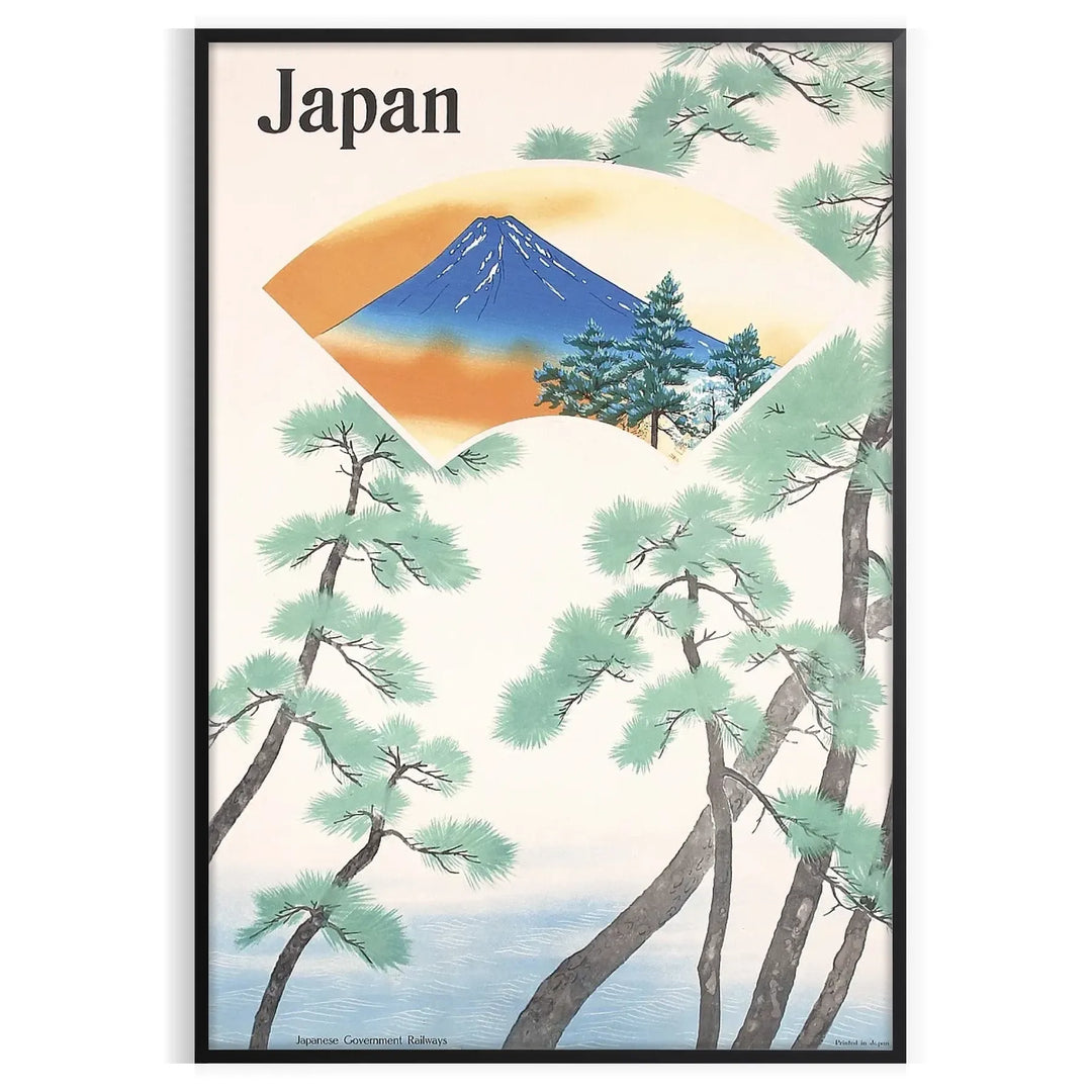 Illustration of Mount Fuji with green and orange hues in a travel poster style