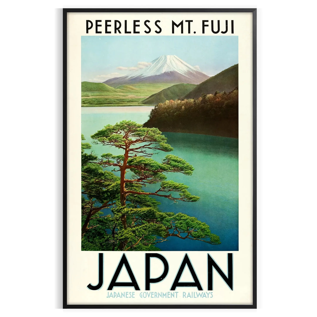 Mount Fuji surrounded by green hills and gray clouds in a serene landscape