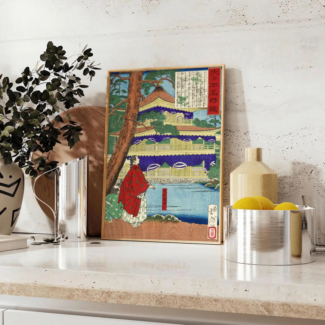 Traditional Japanese landscape featuring serene mountains and cherry blossoms in soft gray and blue tones - styled on a counter with eucalyptus and a bowl of lemons