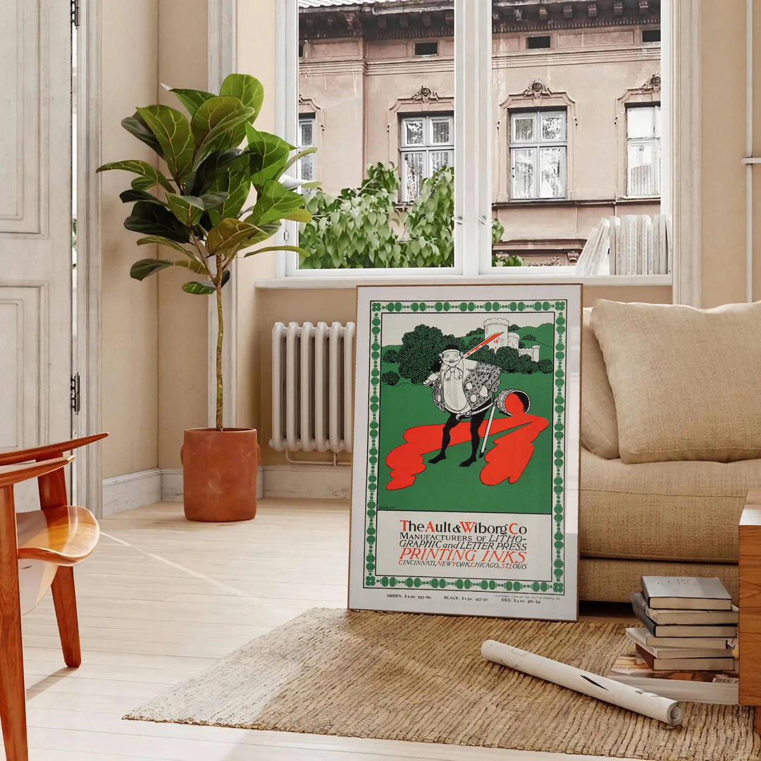 Colorful abstract representation of Japan with orange and blue hues - in a Parisian living room with a sofa and a fig plant