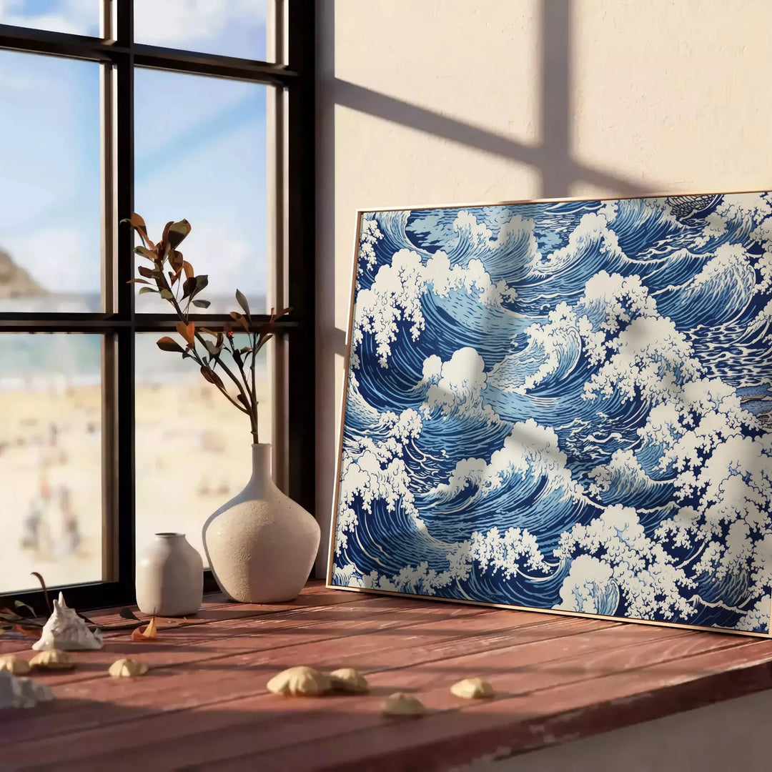 vintage Japanese landscape with serene blue and gray tones - leaning on a herringbone floor against a white panelled wall