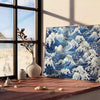 vintage Japanese landscape with serene blue and gray tones - leaning on a herringbone floor against a white panelled wall