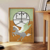 Abstract Japanese art featuring green and blue tones with flowing shapes - beside a round wooden side table with books