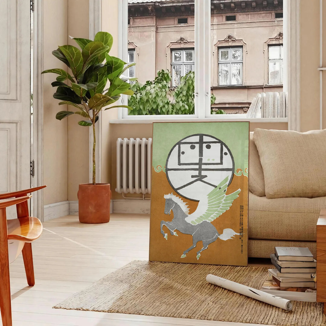 Abstract Japanese art featuring green and blue tones with flowing shapes - in a Parisian living room with a sofa and a fig plant