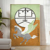 Abstract Japanese art featuring green and blue tones with flowing shapes - in a bright minimalist room with a plant and an armchair