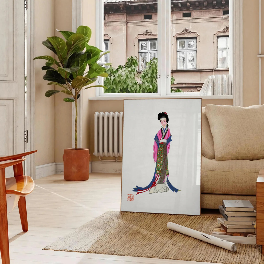 A serene Japanese landscape featuring soft gray and white tones - in a Parisian living room with a sofa and a fig plant