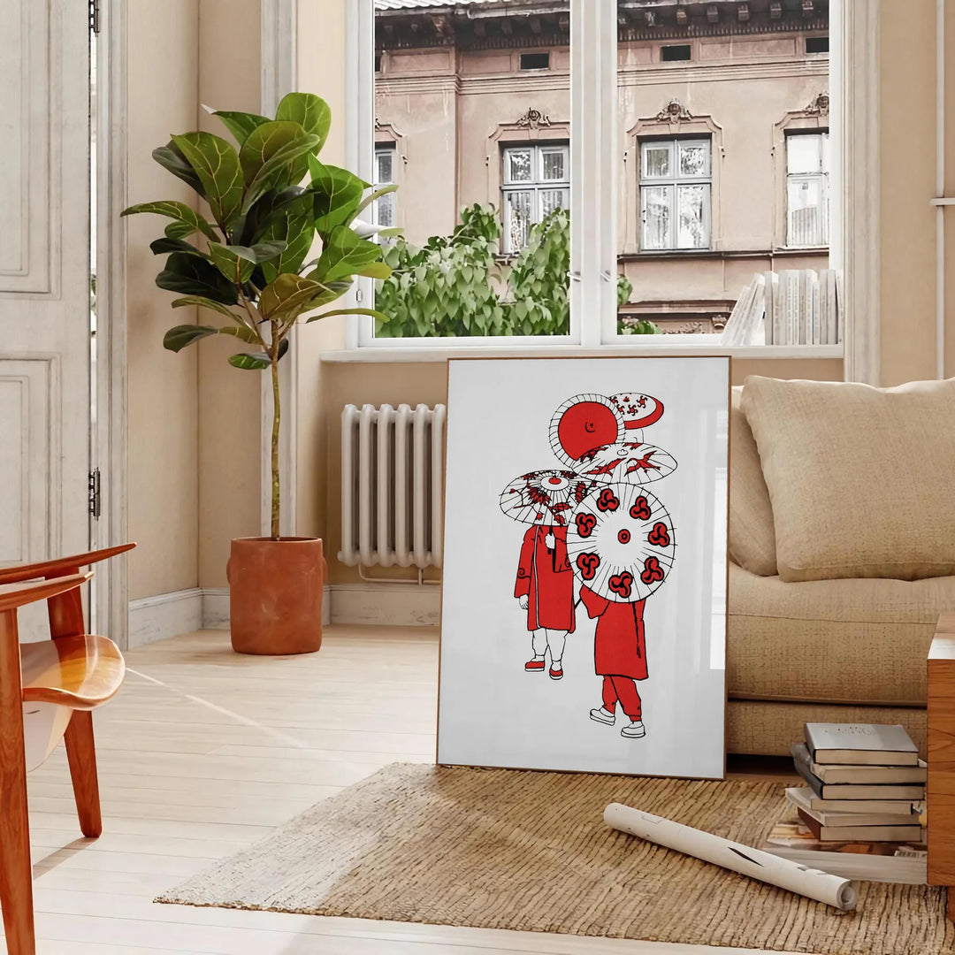 Abstract Japanese art with gray and black tones, featuring traditional motifs - in a Parisian living room with a sofa and a fig plant
