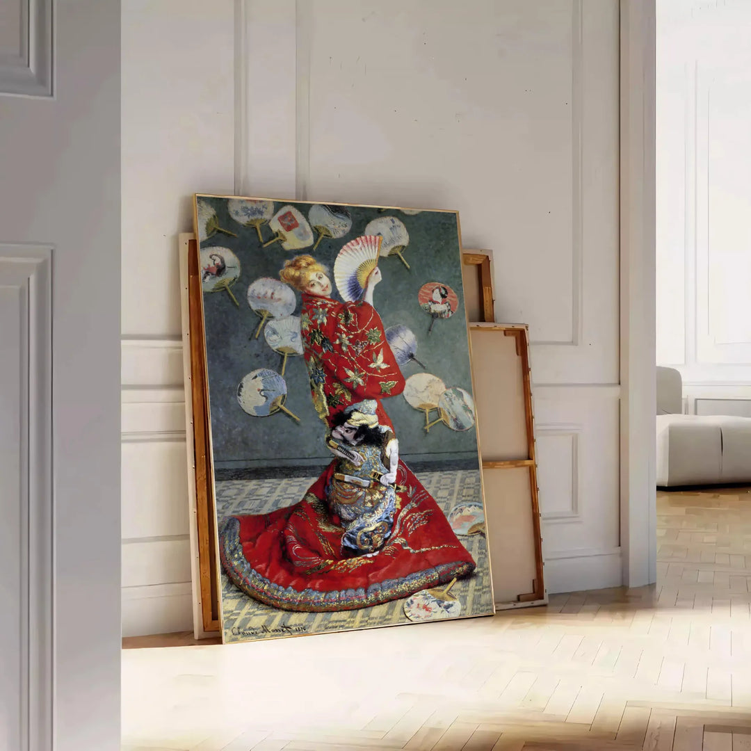 Japanese traditional art featuring serene landscapes in muted gray and green tones - leaning on a herringbone floor against a white panelled wall