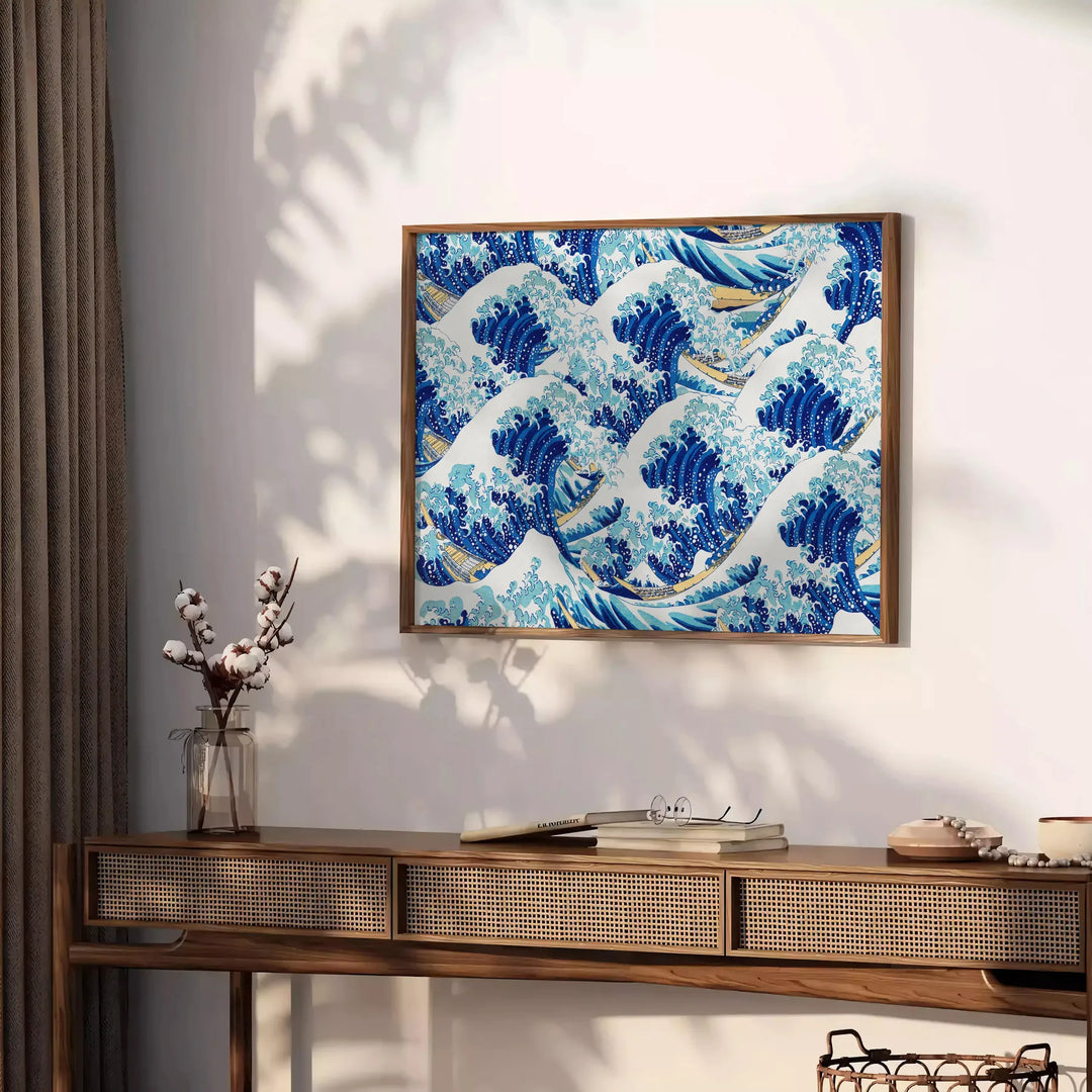 A serene Japanese landscape featuring soft blue and gray hues - styled on a counter with eucalyptus and a bowl of lemons