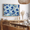 A serene Japanese landscape featuring soft blue and gray hues - in a Parisian living room with a sofa and a fig plant