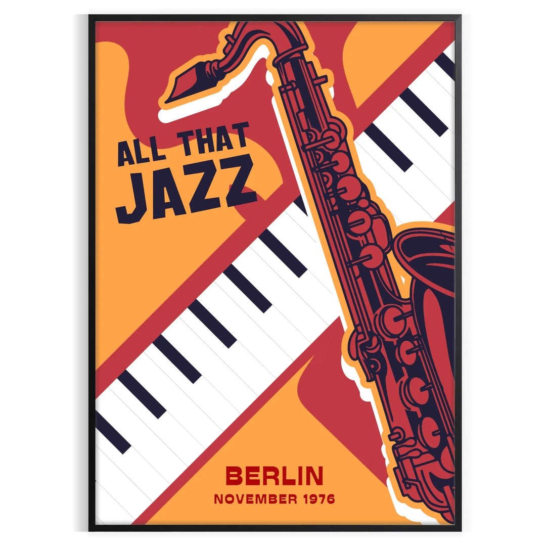Abstract jazz musicians performing with bold black and orange colors