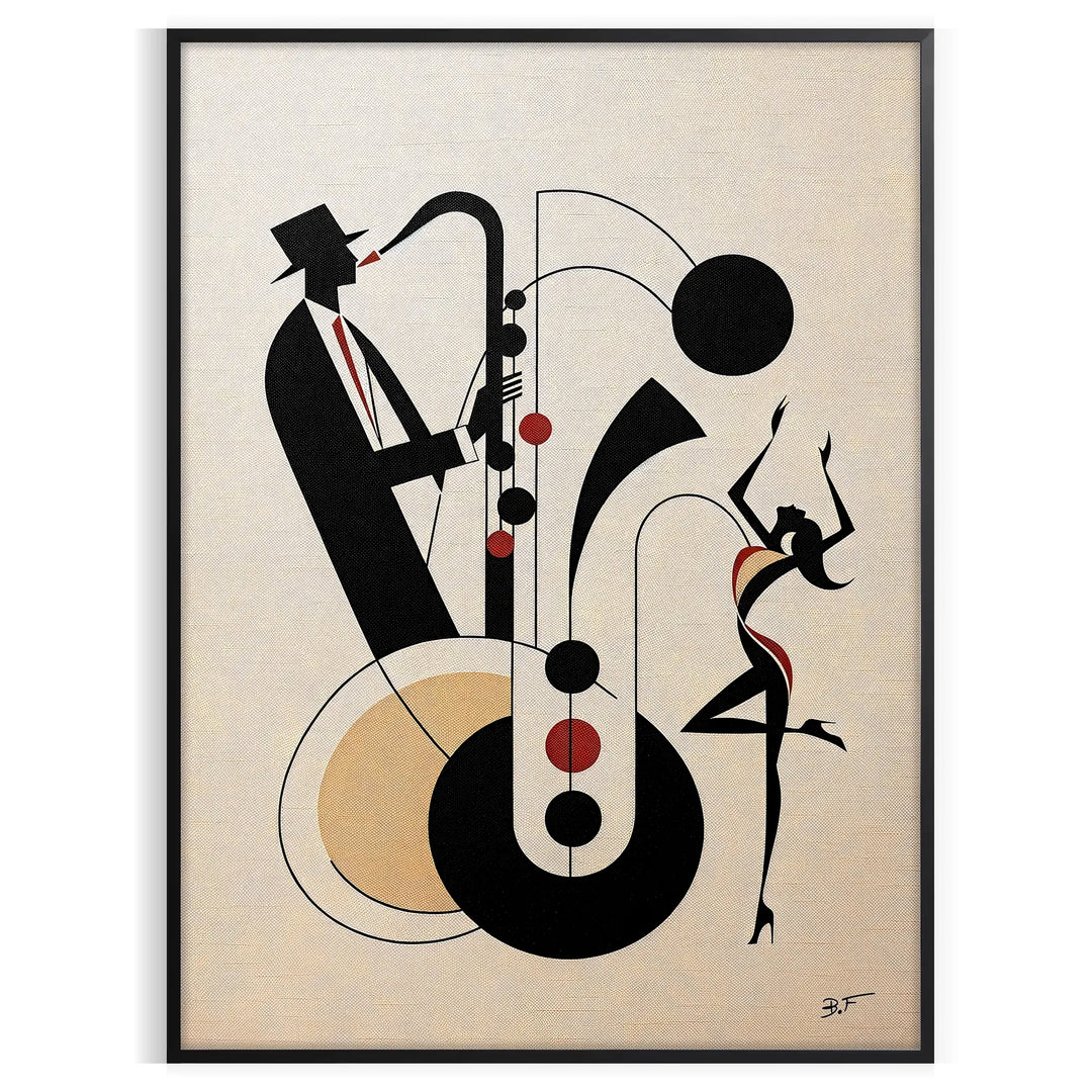 Dynamic scene of jazz dancers in motion, featuring black and orange hues