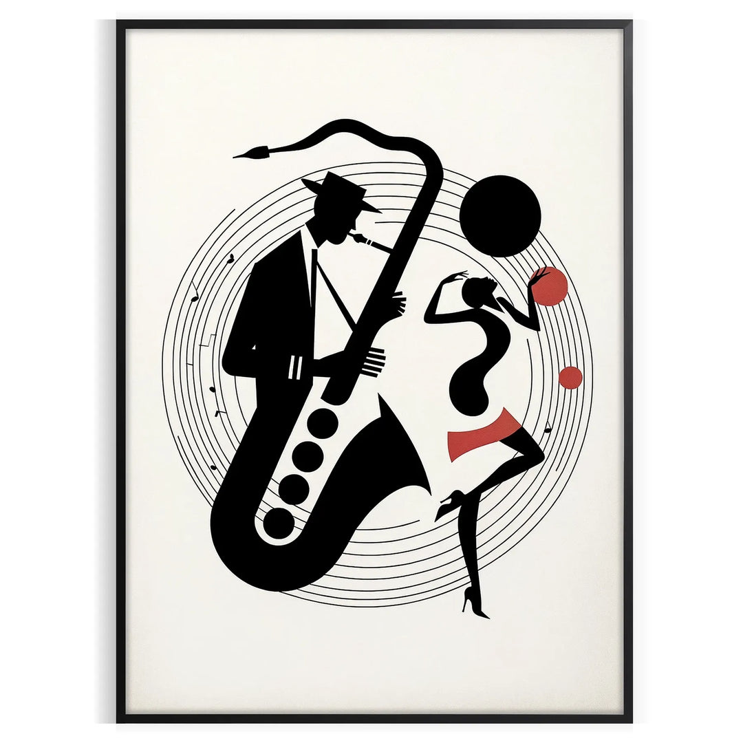 Dynamic jazz dancers in motion against an orange and white background - in a black frame